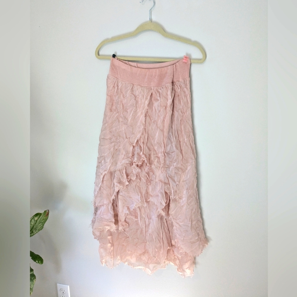 scandal blush pink layered skirt, silk w/ ruff hewn asymmetrical / front slit
